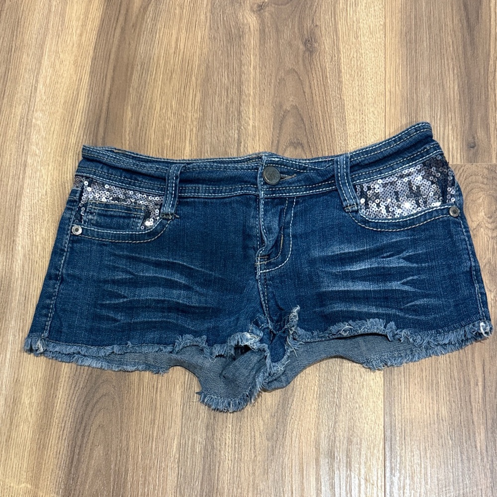 Wallflower Dark Blue Jean Shorts with Silver Sequins